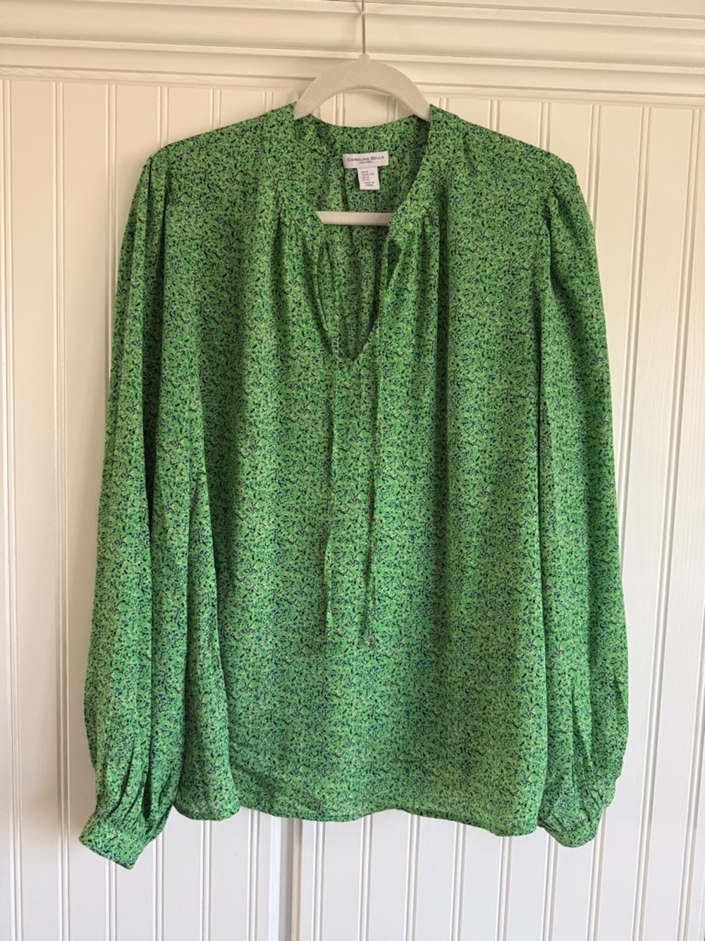 Charter Club Green Micro-Print Split V-Neck Long Sleeve Blouse
